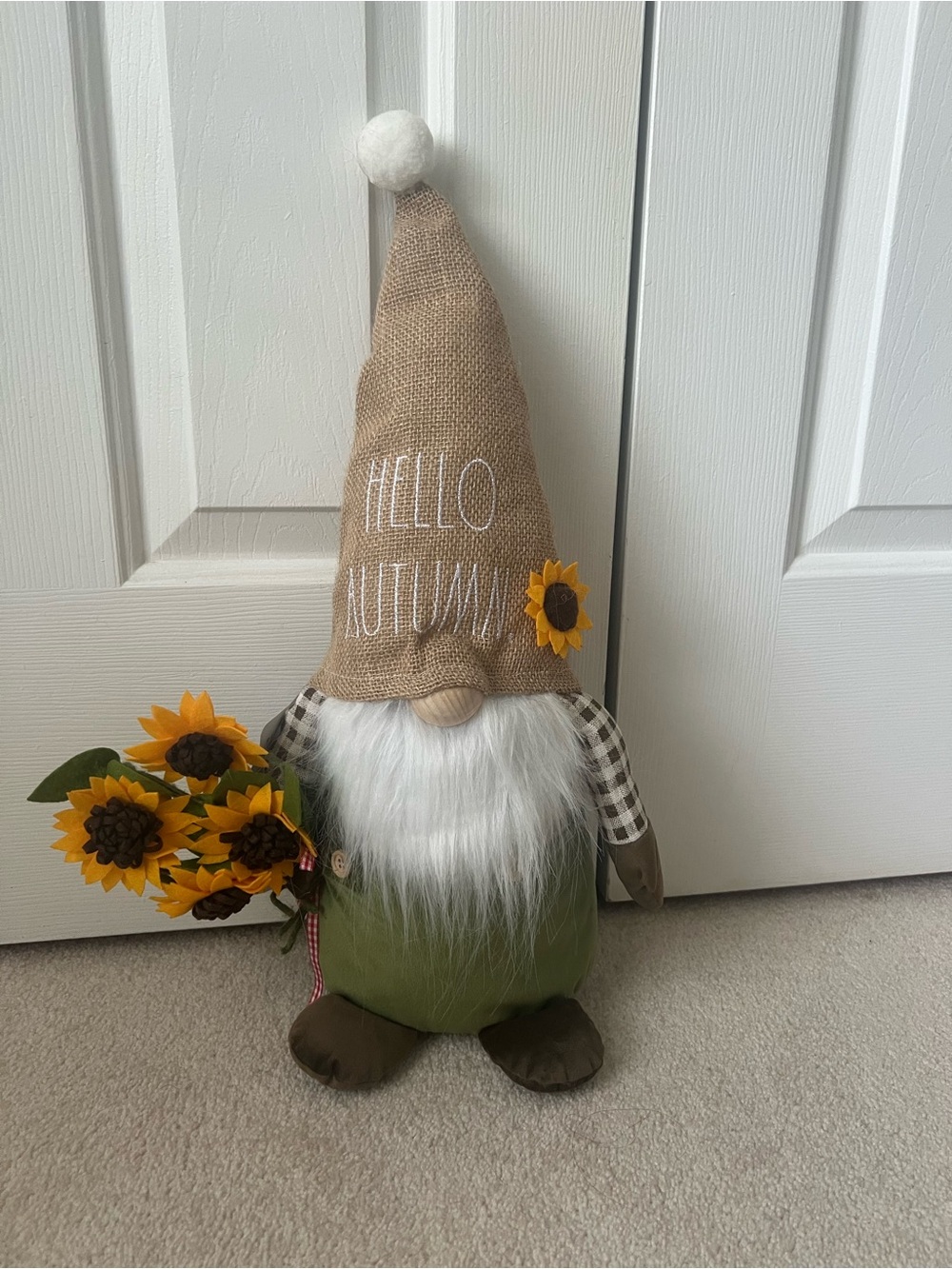 Rae Dunn Burlap-Hat Autumn Gnome with Sunflowers - Olive Green, Yellow, Brown